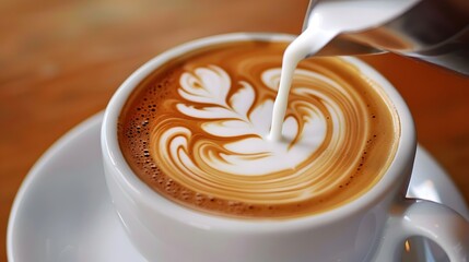 Pouring Milk into a Cup of Latte Art Coffee