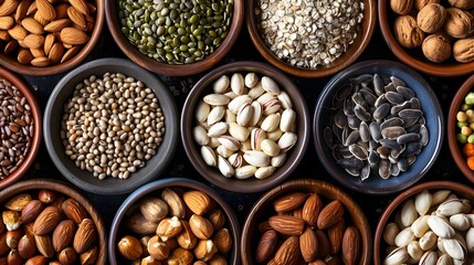Fototapeta premium Variety of Nuts and Seeds in Bowls