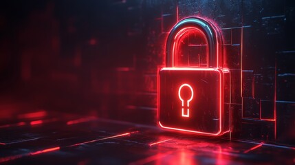 Red Neon Glowing Padlock Security Concept