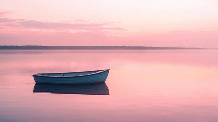 Naklejka premium A tranquil lake scene at sunset, with a single boat and soft pink skies reflected in the water, creating a peaceful atmosphere