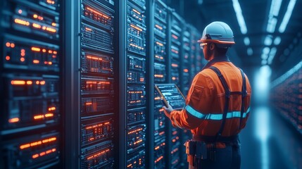 Data Center Technician Inspecting Server Racks