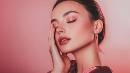 Fototapeta premium A woman with long dark hair and a pink background