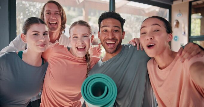 Happy people, yoga and friends with selfie for memory, photography or fitness together at gym. Portrait, young and yogi group with smile or mat for picture, exercise or workout moment at health club