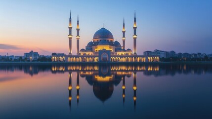 Fototapeta premium The reflection of a mosque with illuminated minarets on a calm water surface during the evening.