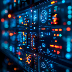 Obraz premium Futuristic Digital Interface with Glowing Blue and Red Lights 3D Illustration