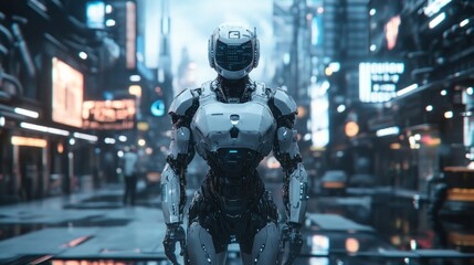 Fototapeta premium A robot stands in the middle of a city street