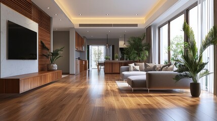 Obraz premium A large living room with a wooden floor and a large couch
