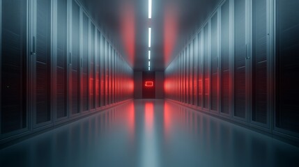 Futuristic Server Room Interior with Red Neon Lights