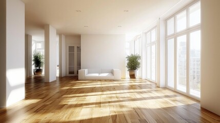 A large open living room with a white couch and a potted plant