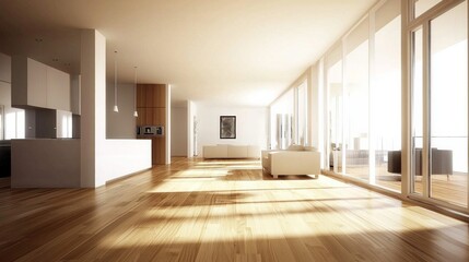 Fototapeta premium A large open living room with a white kitchen and a white dining room