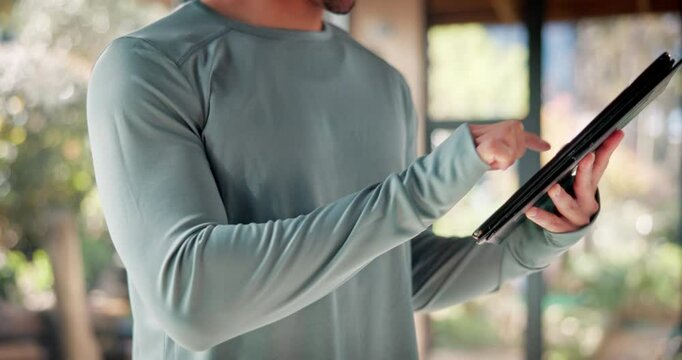 Fitness, coach and hands of man with tablet for workout, planning and digital schedule of lesson. Athlete, person and personal trainer with tech at gym for training, website and online exercise tips