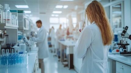 Obraz premium A woman in a lab coat is holding a test tube