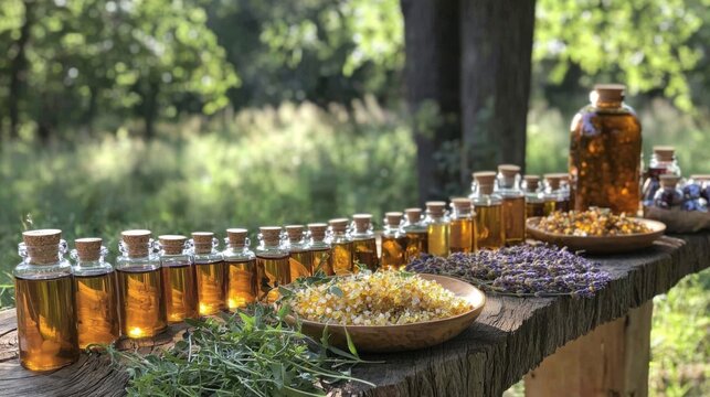 An outdoor homeopathic workshop where participants learn to mix natural remedies using herbs, oils, and organic ingredients, with a calm, nature-inspired setting promoting wellness and balance 