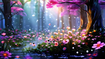 A whimsical and magical forest, with towering trees and sparkling dew drops on vibrant flowers.