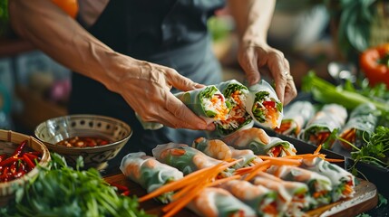 Preparing fresh spring rolls with vegetables and shrimp