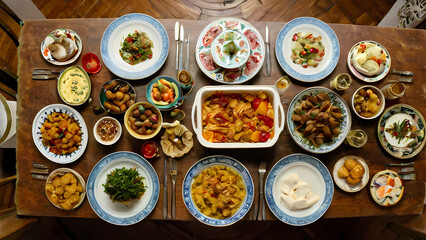 Table filled with food and dishes Background