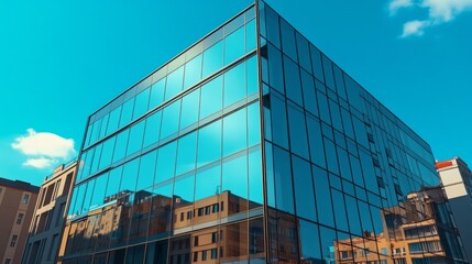 A large glass building with a blue sky in the background