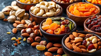 Assorted nuts and dried fruits in bowls