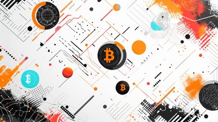 Abstract digital artwork featuring Bitcoin symbols in a vibrant composition of orange, black, and white. The design includes geometric shapes and circuit-like patterns, highlighting the innovative and