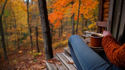 Fototapeta premium A person is sitting on a porch swing with a cup of coffee in their hand