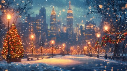 Fototapeta premium A Snowy Christmas Eve in a City Park with a Lit-up Christmas Tree and City Skyline in the Background