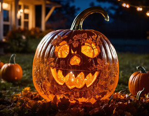 highly detailed carved transparent crystal Pumpkin, glowing from inside in the middle of a pumpkin patch at night