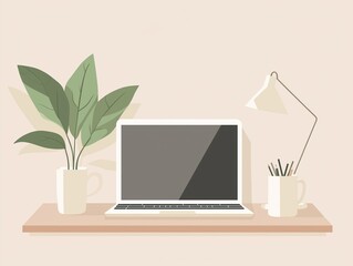 Fototapeta premium Minimalist Workspace with Laptop and Plant