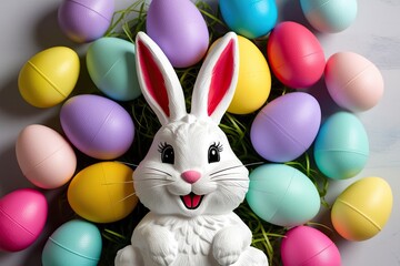 Joyful Bunny Among Colorful Pastel Eggs for a Festive Celebration