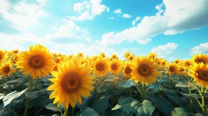 Obraz premium Sunny Sunflower Field with Blue Sky and Clouds