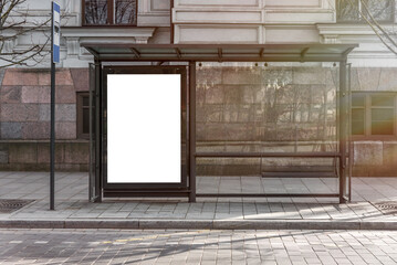 Blank White Mockup Of Bus Stop Vertical Poster Billboard In Empty Street