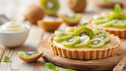A rustic wooden table laden with a kiwi tart topped with fresh kiwi slices.