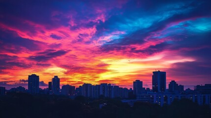 Naklejka premium City skyline at dawn with vibrant colors painting the sky Morning Monday, Urban Dawn