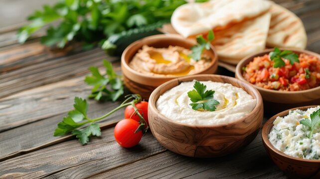 A rustic wooden table with a variety of colorful dips and spreads.