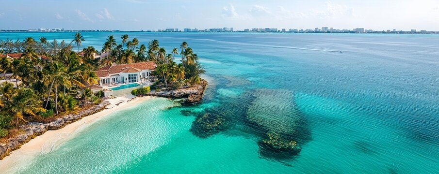Stunning aerial shot of a tropical island villa with vibrant waters, palm trees, and distant cityscape, reflecting luxury and relaxation in the Bahamas