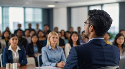 Confident businessman giving a presentation in front of crowd in meeting conference seminar room. Leadership authority teamwork in business concept