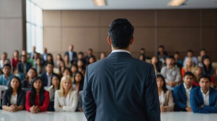 Confident businessman giving a presentation in front of crowd in meeting conference seminar room. Leadership authority teamwork in business concept