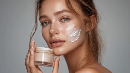 A woman is holding a jar of cream in her hand and applying it to her face