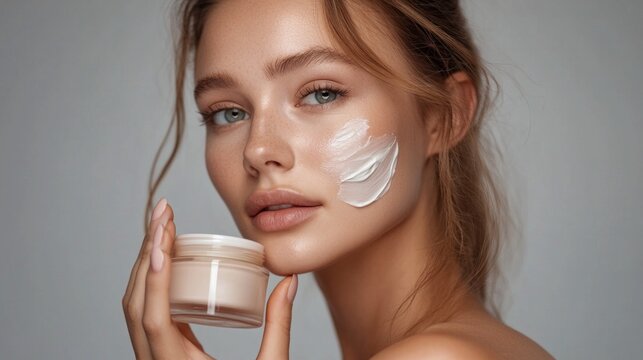 A woman is holding a jar of cream in her hand and applying it to her face