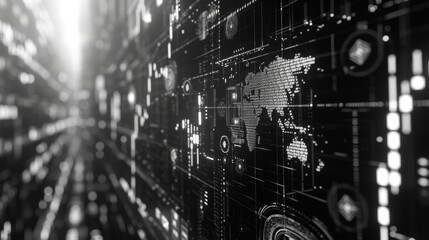 A black and white image depicting a high-tech global data network with interconnected lines and nodes over a world map. This image conveys the complexity and interconnectedness of global data systems