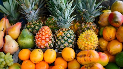 Assorted tropical fruits in a market display