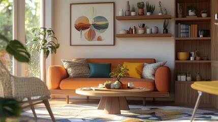 A living room designed with Scandinavian simplicity and mid-century flair, featuring a multicolored fabric sofa, a circular coffee table, and wooden shelves with decorative items.