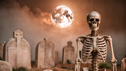 Title: Skeleton in a spooky graveyard, eerie Halloween scene under full moon