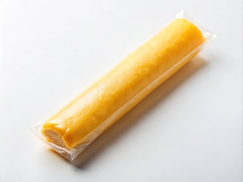 A single, individually wrapped, golden-yellow cheese stick with a smooth surface and rounded edges lies on a clean, white, minimalist background.