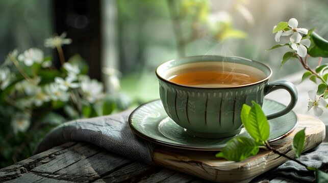 Freshly brewed green tea in a porcelain cup