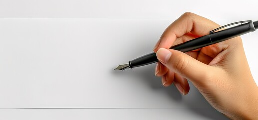 Close up of a hand holding a fountain pen writing on a white paper.  A simple image, perfect for a minimalist design.