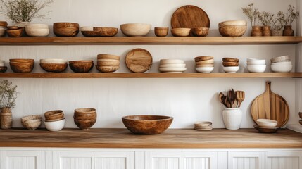 A modern kitchen with white cabinetry, wooden countertops, and open shelves displaying rustic wooden dishes and bowls, all bathed in natural light.
