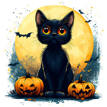 Cute black cat sitting on a pumpkin tshirt design isolated on a transparent background