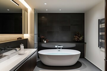 Contemporary Bathroom Interior Design Featuring Sleek Layout and Luxurious Soaker Tub