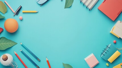 A blue background with a bunch of school supplies including pencils, pens