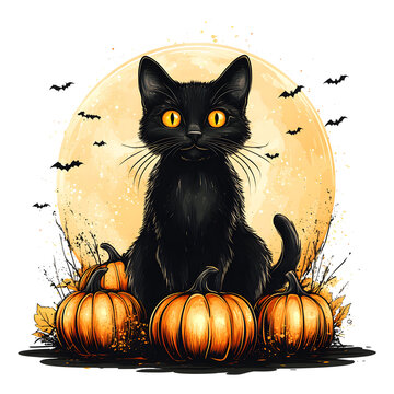 Cute black cat sitting on a pumpkin tshirt design isolated on a transparent background